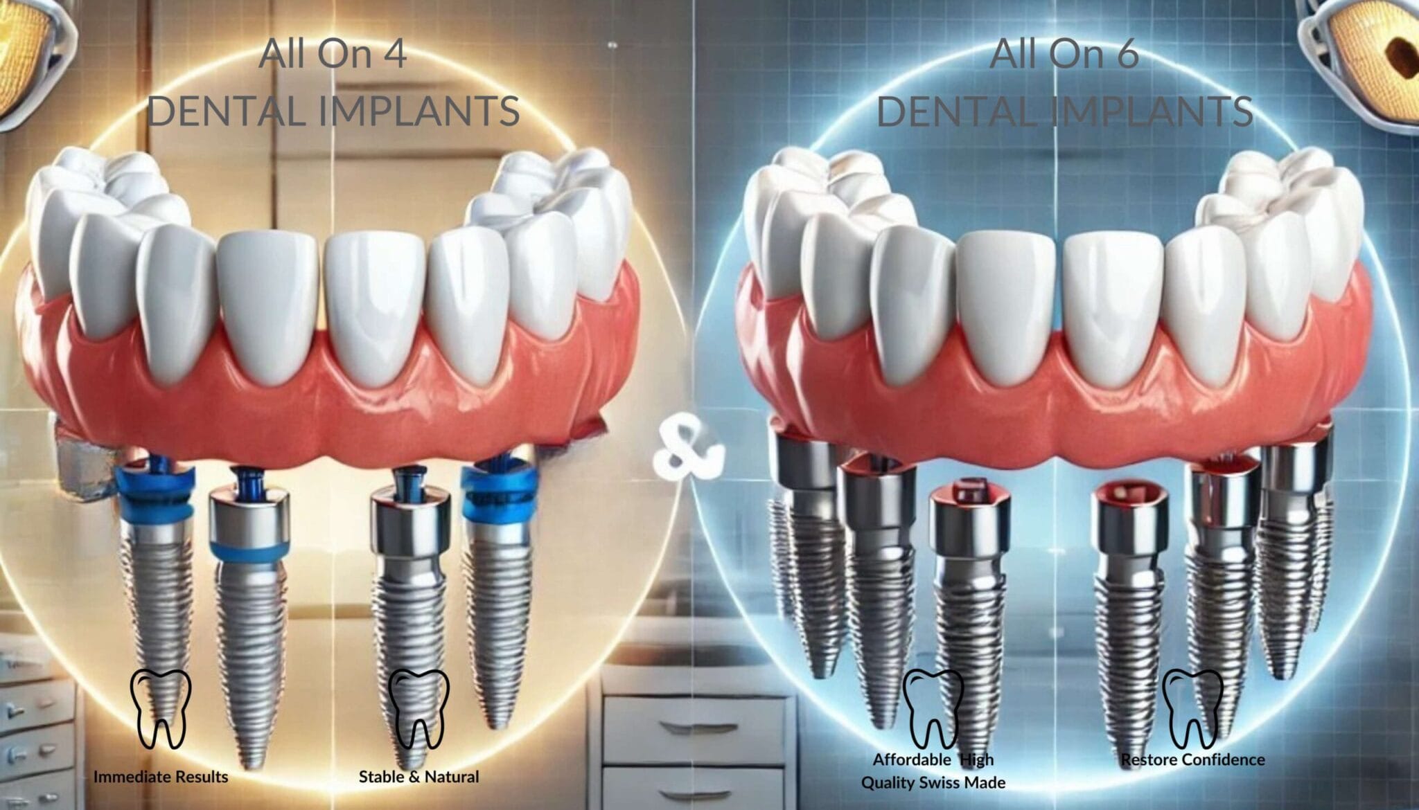 Comparison of All on 4 and All on 6 dental implants, featuring a 3D-rendered model with strategically placed implants in a modern dental clinic setting.