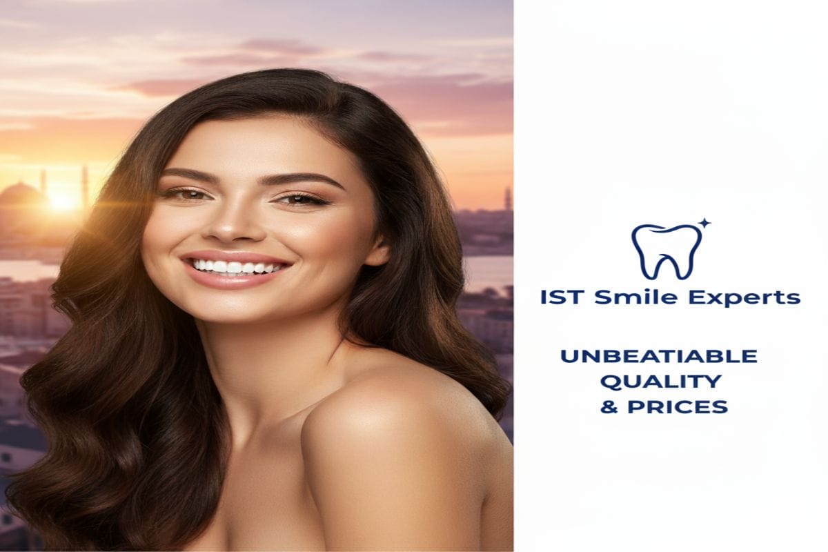Radiant woman with perfect Hollywood Smile, Istanbul skyline at sunset, promoting Smile Makeover Turkey 2025 by IST Smile Experts with unbeatable quality and prices.
