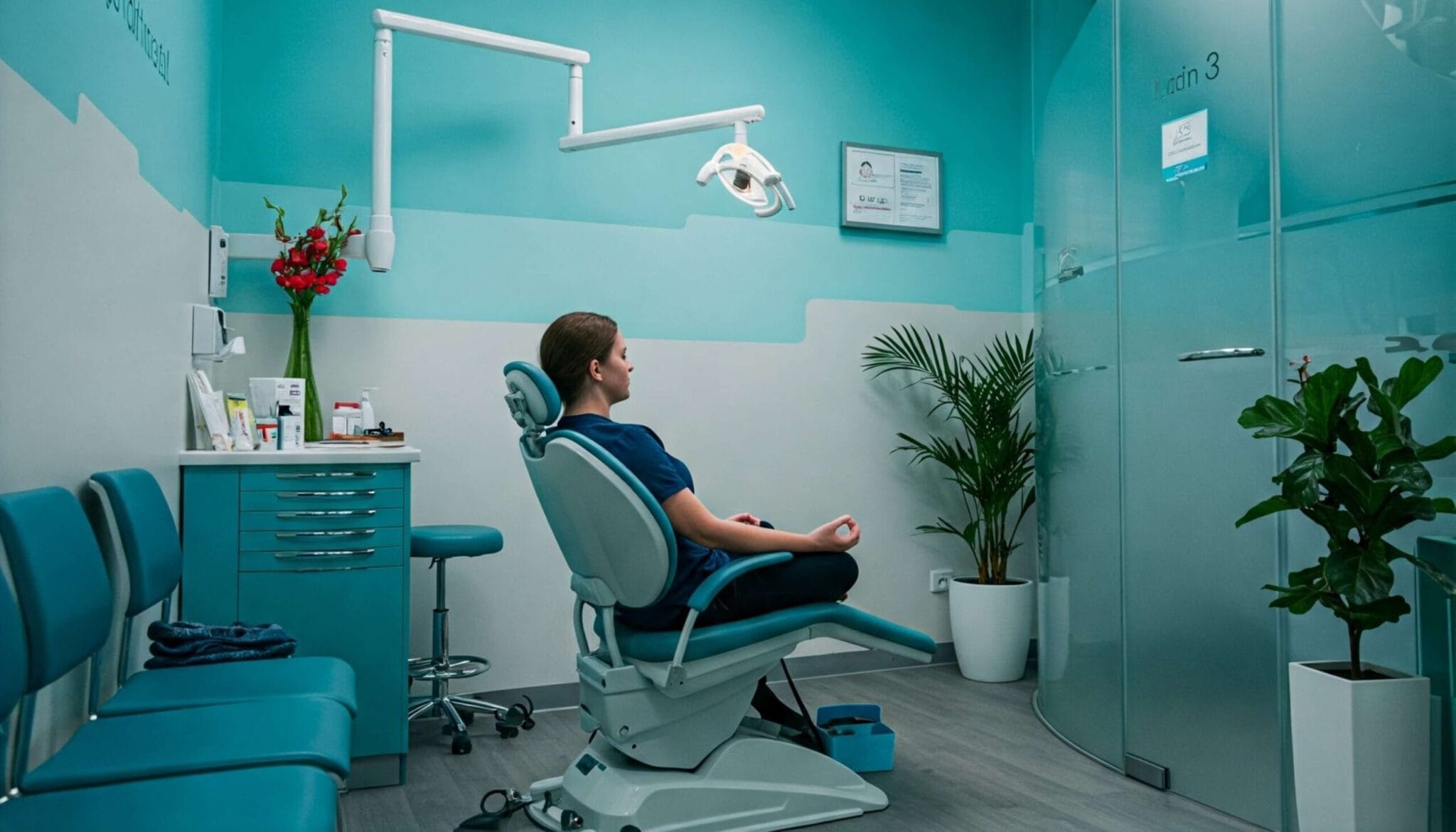 A relaxed woman sits in a dental chair with her eyes closed, practicing meditation in a calming blue and white dental operatory